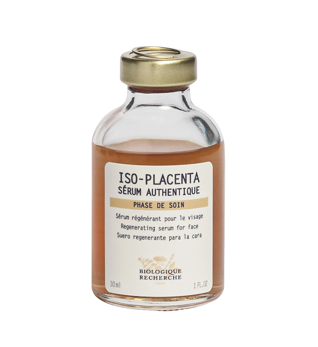 Biologique Recherche Iso-Placenta regenerating facial serum on a light background, part of the Miren Medic range.
