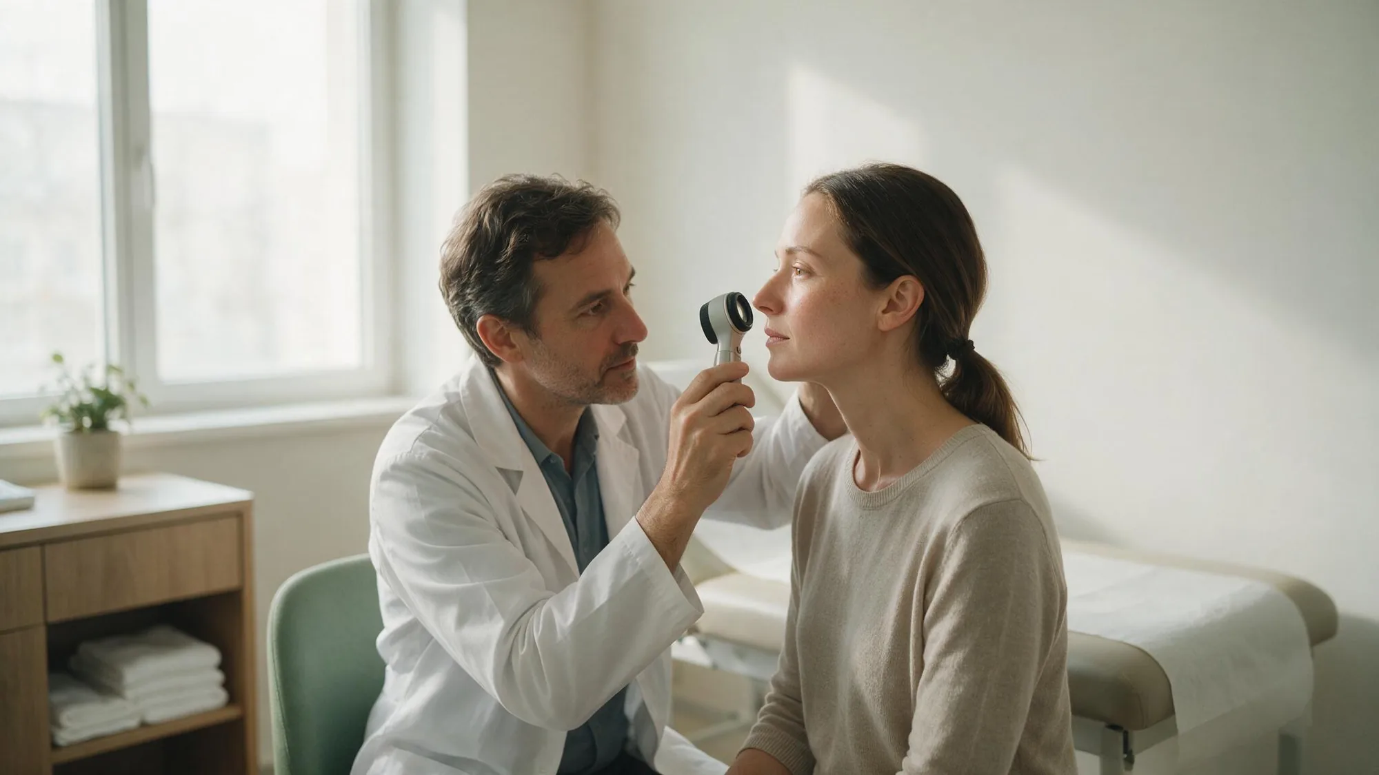 Dermatolog pregleda pigmentaciju na licu pacijentkinje dermoskopom
