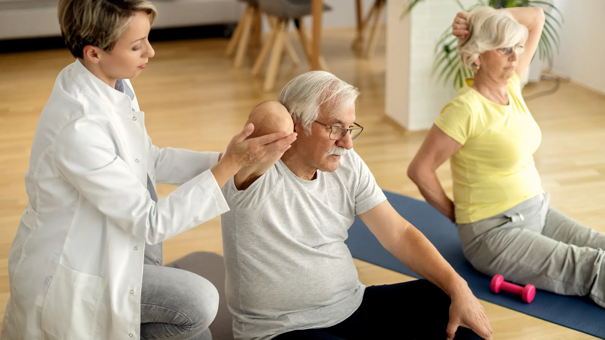 A physiotherapist doing exercises with an elderly patient in the living room