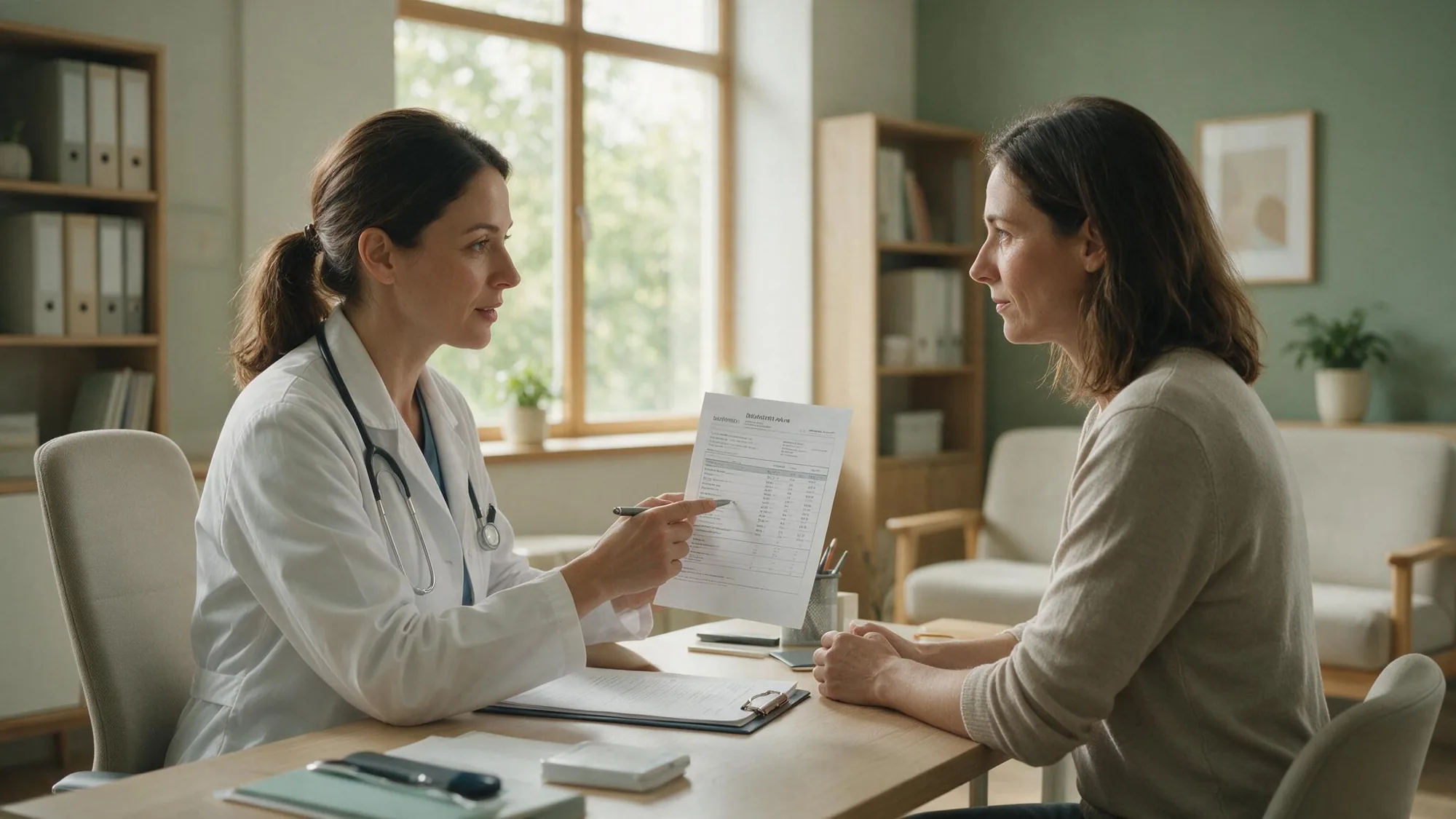 Doctor explaining a laboratory report to a patient in the office