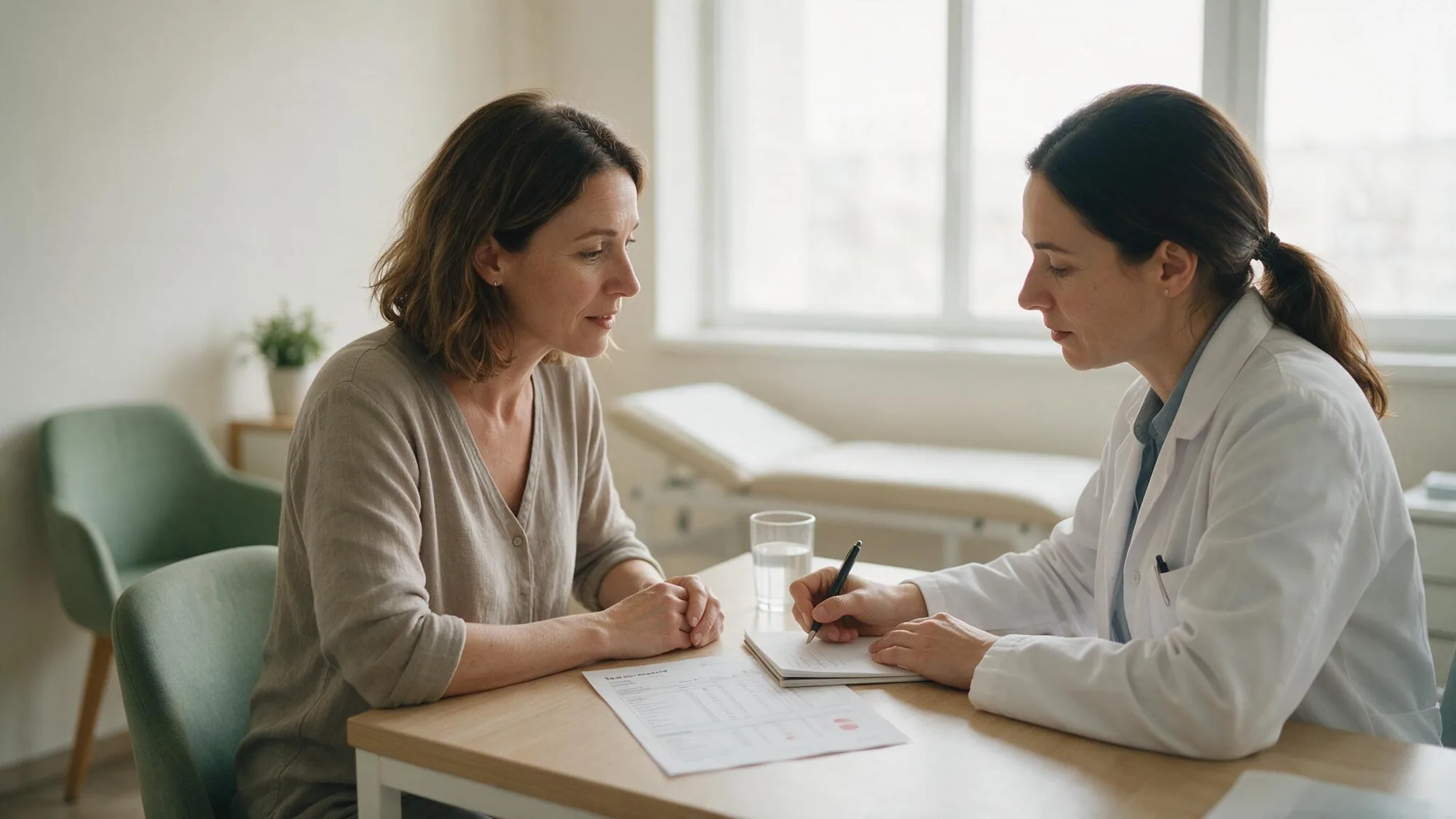 Doctor writing a treatment plan for a patient with a laboratory report on the desk