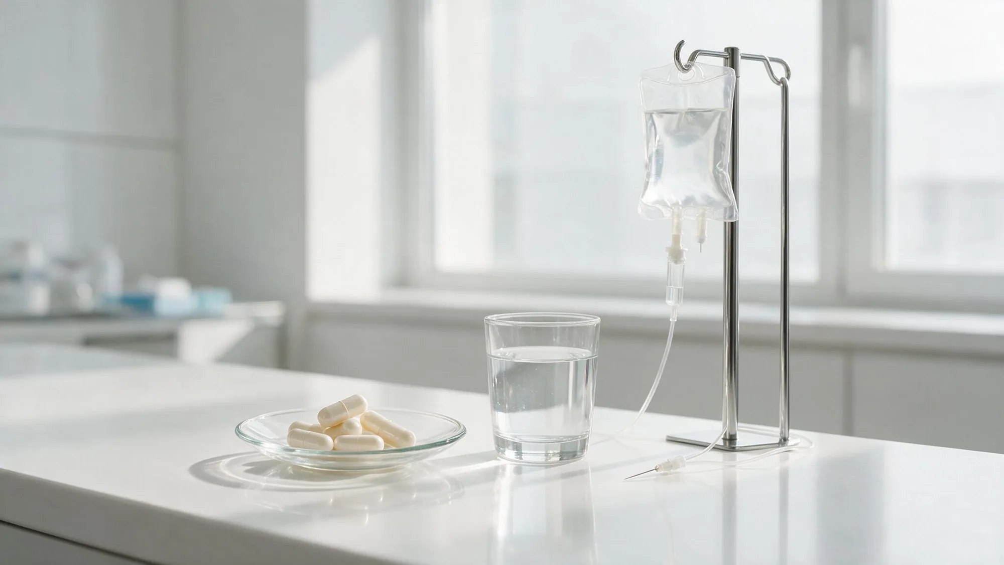 Kapsule suplemenata i infuziona kesa uporedo na pultu klinike