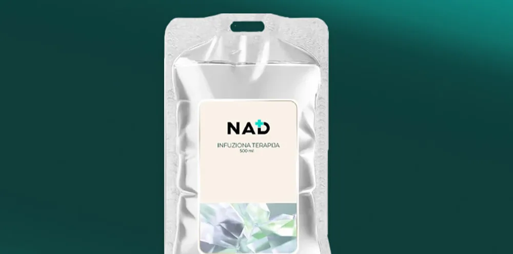A 500 ml NAD+ infusion therapy bag, part of the regenerative treatments at the Miren Medic clinic.